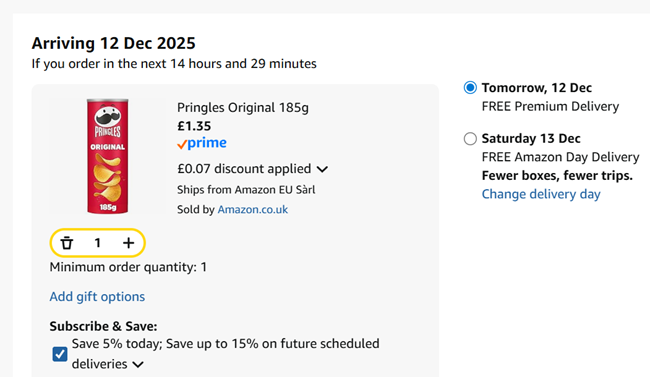 Screenshot showing Pringles Original 185g for £1.35 at Amazon