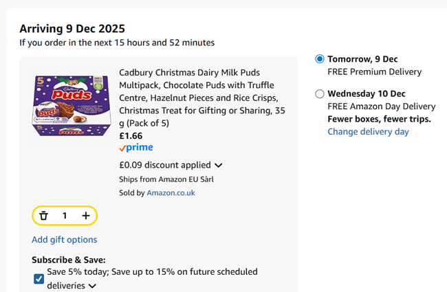 Screenshot showing Cadbury Christmas Dairy Milk Puds 5 Pack for £1.66 at Amazon