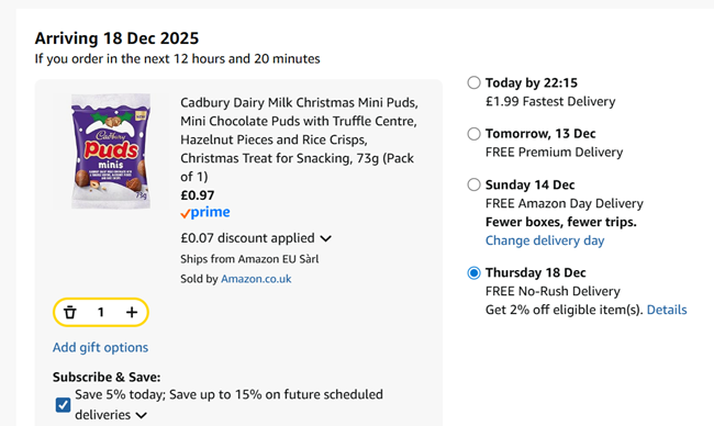 Screenshot showing Cadbury Dairy Milk Christmas Mini Puds for 97p at Amazon