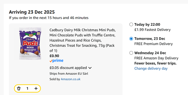 Screenshot showing Cadbury Dairy Milk Christmas Mini Puds for 90p at Amazon
