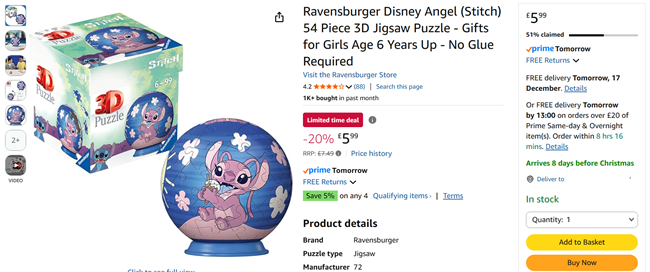 Screenshot showing Ravensburger Disney Angel Stitch 54 Piece 3D Jigsaw Puzzle for £5.99 at Amazon