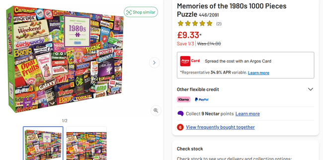 Screenshot showing Memories of the 1980s 1000 Pieces Puzzle for £9.33 at Amazon