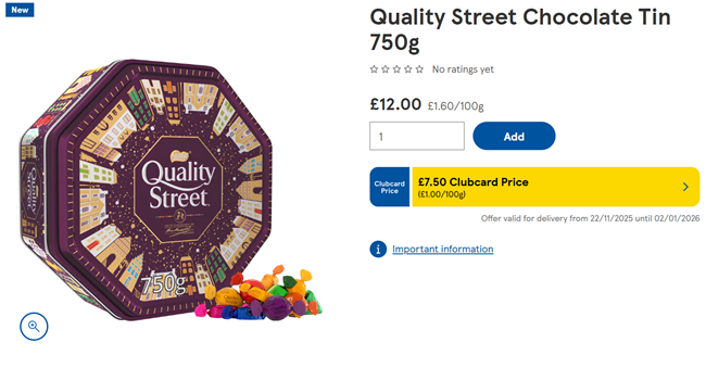 Screenshot showing Quality Street Chocolate Tin 750g for £7.50 Clubcard Price at Tesco