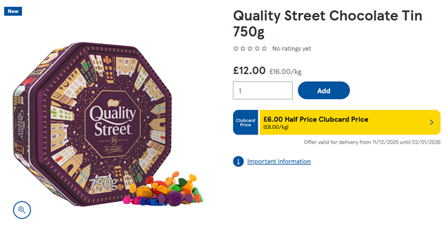 Screenshot showing Quality Street Chocolate Tin 750g for £6 Clubcard Price at Tesco