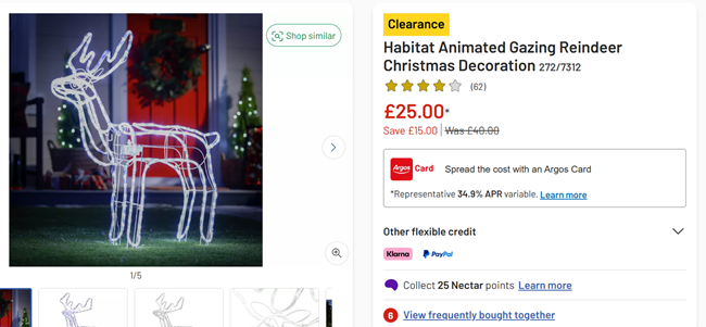 Screenshot showing Habitat Animated Gazing Reindeer Christmas Decoration for £25 at Argos