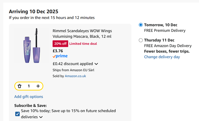 Screenshot showing Rimmel Scandaleyes WOW Wings Volumising Mascara for £3.76 at Amazon