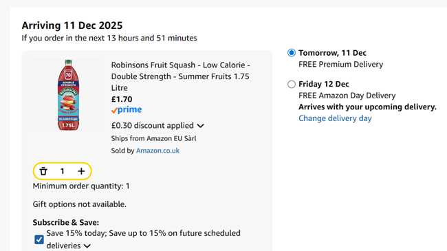 Screenshot showing Robinsons Double Strength No Added Sugar Squash 1.75L for £1.70 at Amazon