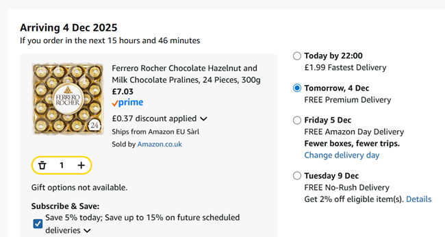 Screenshot showing Ferrero Rocher Chocolate Gift Box Box of 24 (300g) for £7.03 at Amazon