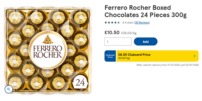 Screenshot showing Ferrero Rocher Boxed Chocolates 24 Pieces 300g for £6.50 Clubcard Price at Tesco