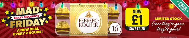 Screenshot showing Ferrero Rocher Milk Chocolate Hazelnut Pralines Gift Box of Chocolates 16 Pieces 200g for £1 at Iceland