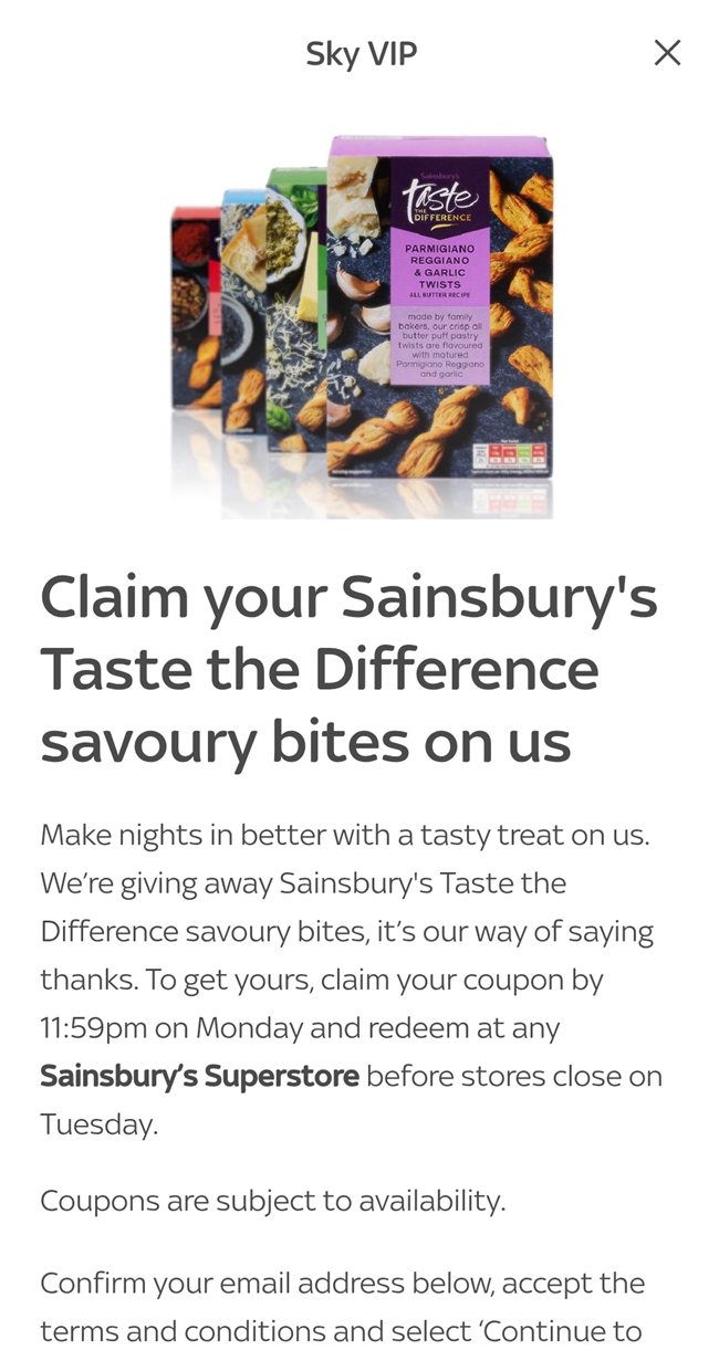 Screenshot showing Free Taste the Difference Savoury Bites at Sainsbury's via Sky VIP App