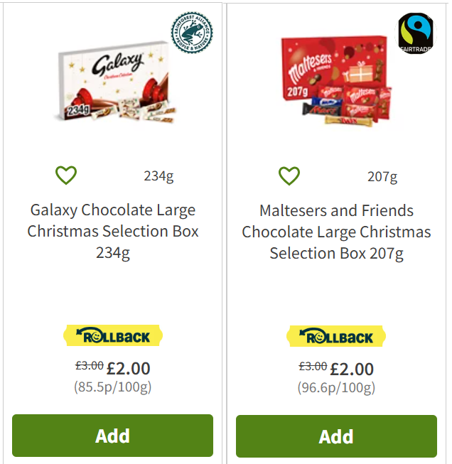 Screenshot showing Galaxy or Maltesers & Friends Large Selection Box £2 each at Asda