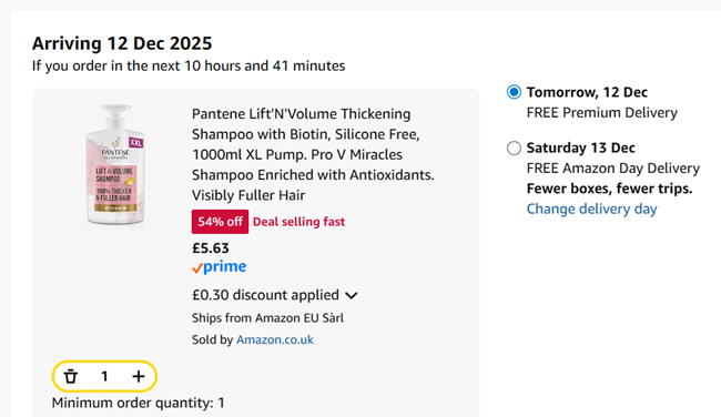 Screenshot showing Pantene Lift'N'Volume Thickening Shampoo 1000ml XL Pump for £5.63 at Amazon