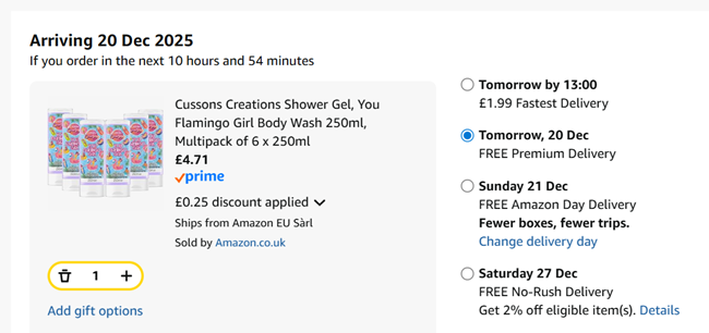 Screenshot showing Cussons Creations You Flamingo Girl Body Wash 6 x 250ml for £4.71 at Amazon