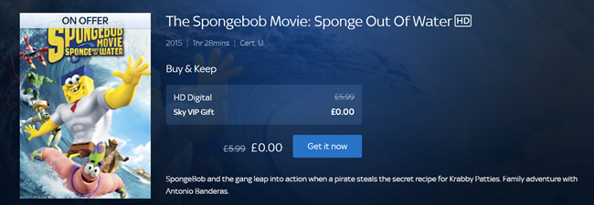 Screenshot showing The Spongebob Movie: Sponge Out Of Water Free Buy and Keep at Sky TV