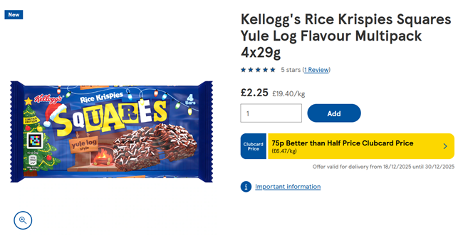 Screenshot showing Kellogg's Rice Krispies Squares Yule Log Flavour Multipack 4x29g for 75p at Tesco