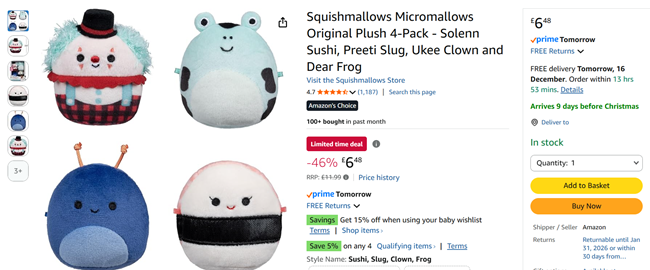 Screenshot showing Squishmallows Micromallows Original Plush 4-Pack for £6.48 at Amazon