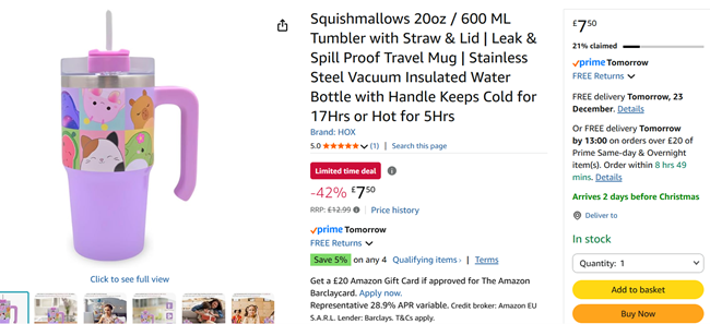 Screenshot showing Squishmallows 20oz / 600 ML Tumbler with Straw & Lid for £7.50 at Amazon