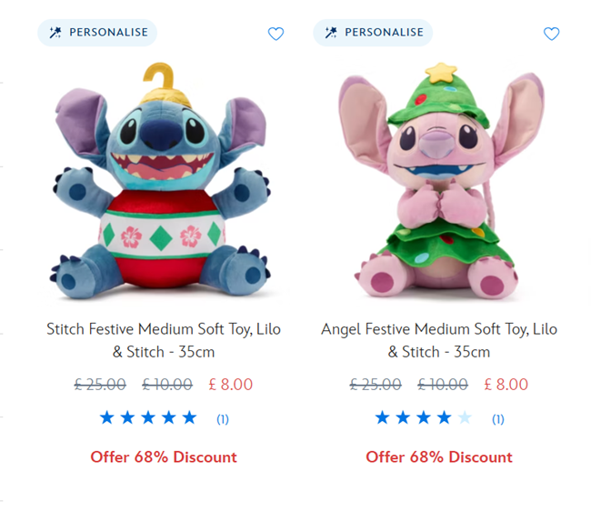 Screenshot showing Disney Stitch or Angel Festive Medium Soft Toys now £8 each at Disney Store