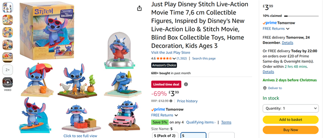 Screenshot showing Just Play Disney Stitch Live-Action Movie Time 6 cm Collectible Figure for £3.99 at Amazon
