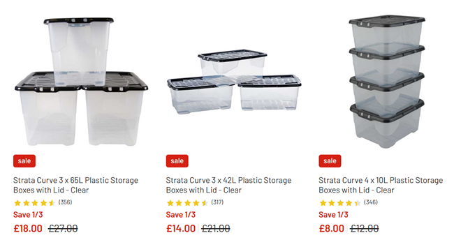 Screenshot showing reduced Strata Curve Storage Boxes with lids at Argos