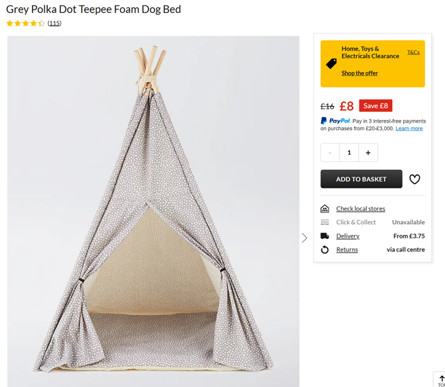 Screenshot showing Grey Polka Dot Teepee Foam Dog Bed for £8 at Asda George