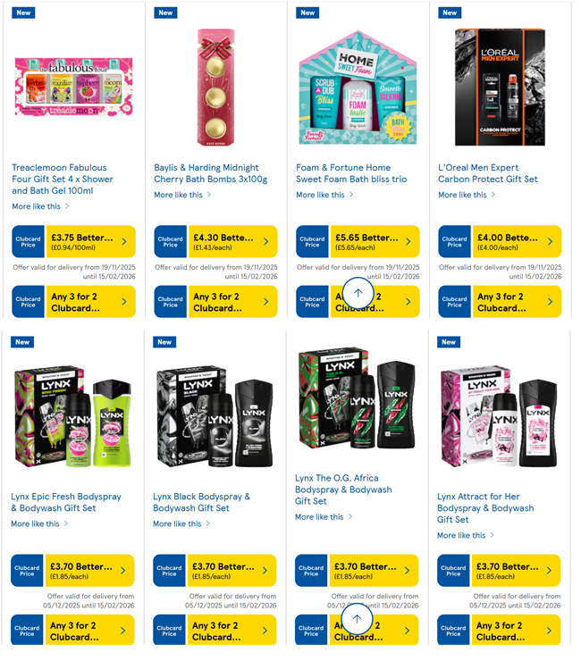 Screenshot showing Offer Stack: Better Than Half Price + 3 for 2 on selected Gift Sets at Tesco