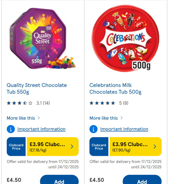 Screenshot showing Celebrations Milk Chocolates Tub 500g or Quality Street Chocolate Tub 550g for £3.95 Clubcard Price at Tesco