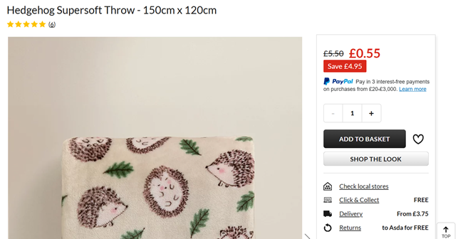Screenshot showing Hedgehog Supersoft Throw - 150cm x 120cm for 55p at Asda George