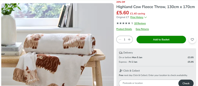 Screenshot showing Highland Cow Fleece Throw for £5.60 at Dunelm