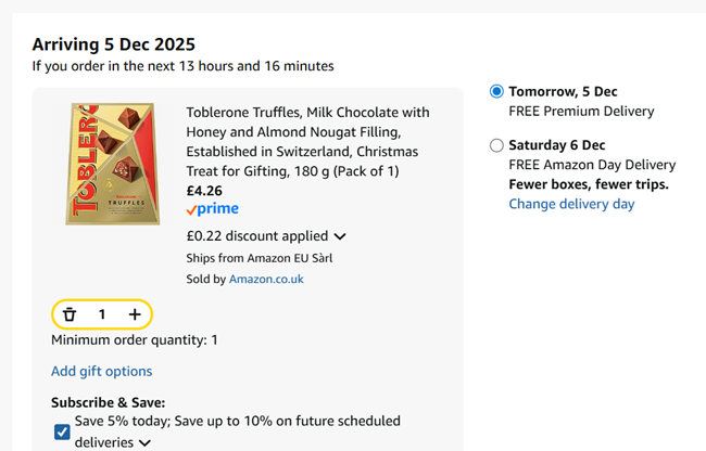 Screenshot showing Toblerone Milk Chocolate Truffles Gift Box 180g for £4.26 at Amazon