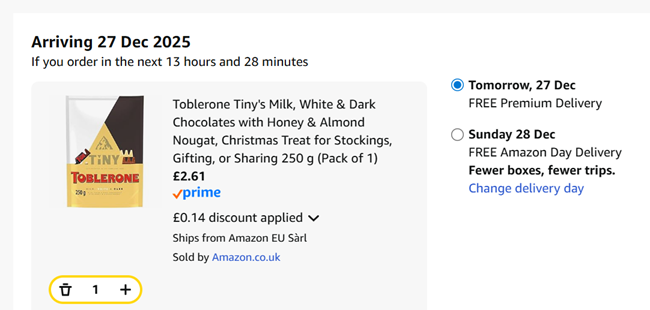 Screenshot showing Toblerone Tiny's Milk, White & Dark Chocolates 250g for £2.61 at Amazon
