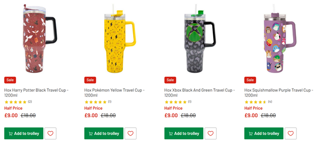 Screenshot showing selected Hox Travel Cup 1200ml for £9 at Argos