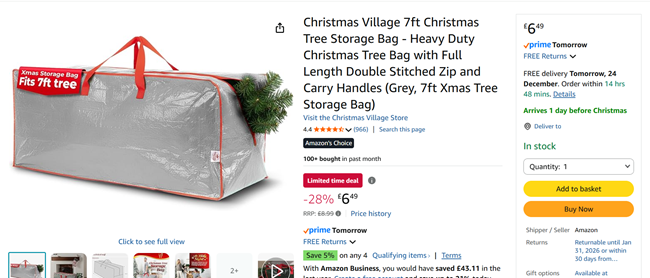 Screenshot showing Christmas Village 7ft Christmas Tree Storage Bag for £6.49 at Amazon