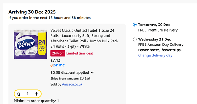 Screenshot showing Velvet Classic Quilted Toilet Tissue 24 Rolls for £7.12 at Amazon