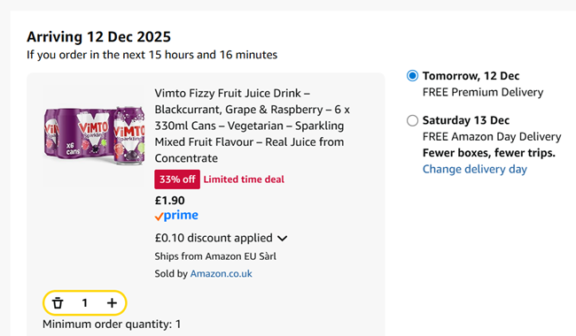 Screenshot showing Vimto Fizzy Fruit Juice Drink 6 x 330ml Cans for £1.90 at Amazon