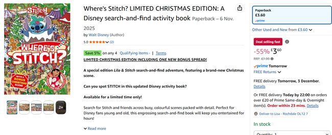 Screenshot showing Where's Stitch? Limited Christmas Edition: A Disney search-and-find activity book for £3.60 at Amazon