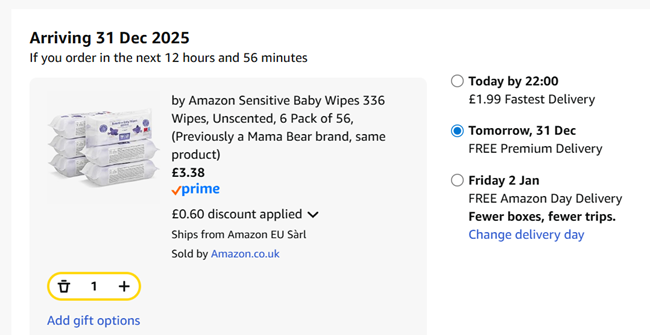 Screenshot showing by Amazon Sensitive Baby Wipes 336 Wipes, 6 Pack of 56 for £3.38 at Amazon