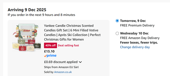 Screenshot showing Yankee Candle Christmas 6 Scented Votive Candles Gift Set for £13.10 at Amazon