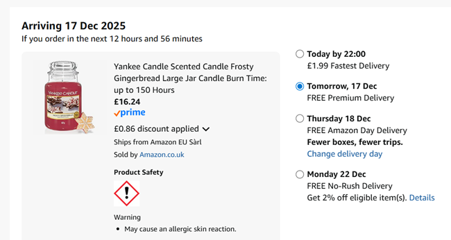 Screenshot showing Christmas Yankee Candle Large Jar Candle for £16.64 at Amazon