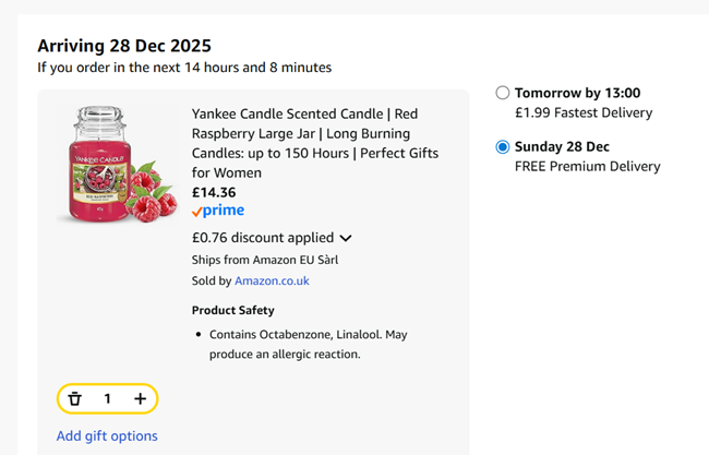 Screenshot showing Yankee Candle Red Raspberry Large Jar Candle for £14.36 at Amazon