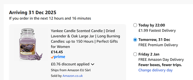 Screenshot showing Yankee Candle Dried Lavender & Oak Large Jar Scented Candle for £14.45 at Amazon