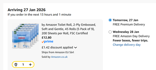 Screenshot showing by Amazon Toilet Roll, 2-Ply Embossed, 45 Rolls (5 Pack of 9) for £12.80 at Amazon