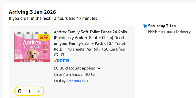 Screenshot showing Andrex Family Soft Toilet Paper 24 Rolls for £7.17 at Amazon