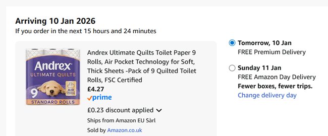 Screenshot showing Andrex Ultimate Quilts Toilet Paper 9 Rolls for £4.27 at Amazon