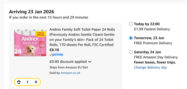 Screenshot showing Andrex Family Soft Toilet Paper 24 Rolls for £8.10 at Amazon