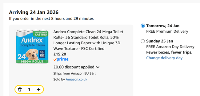 Screenshot showing Andrex Complete Clean 24 Mega Toilet Rolls for £15.20 at Amazon