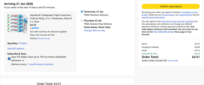 Screenshot showing Aquafresh Toothpaste Triple Protection Fresh & Minty Pack of 5 x 75ml for £4.51 at Amazon