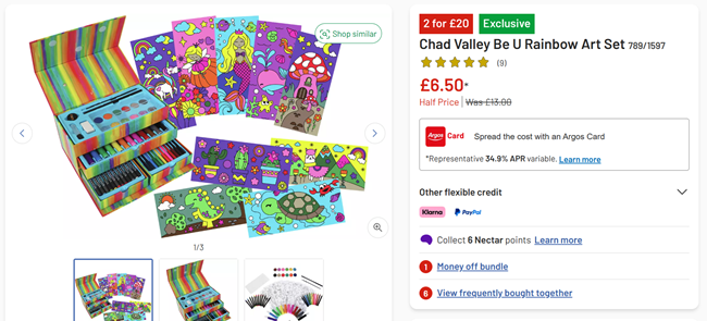 Screenshot showing Chad Valley Be U Rainbow Art Set for £6.50 at Argos
