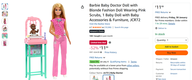 Screenshot showing Barbie Baby Doctor Doll Playset for £11.99 at Amazon